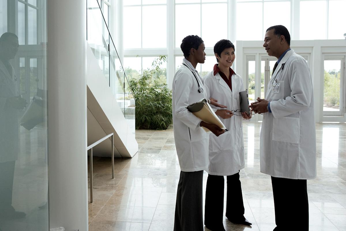 Group of medical professionals in discussions.